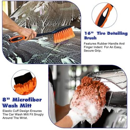 26Ft Reach Car Wash Kit with 5-20FT Telescopic Extension Pole, Car Wash Brush with Long Handle, Wheel Tire Brush, Car Wash Mop, Mitt, Squeegee for Cleaning Car, SUV, RV, Boats, Solar Panels