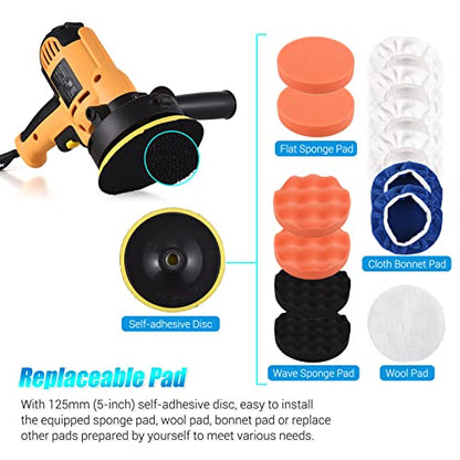 Buffer Polisher, Geevorks Buffer Waxer 5-inch, Variable Speed Car Polisher 600-3700RPM with Detachable Handle/ 6PCS Sponge Pad/ 6PCS Cloth Bonnet Pad/ 1PCS Wool Pad/ Spanner