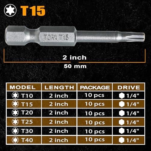 2 Inch T15 Torx Bits, S2 Steel Star Screwdriver Bits, 1/4" Hex Shank, CNC Precision Tips, 10-Pack in Slide-Out Storage Case, Impact Driver/Drill Compatible - size: T15