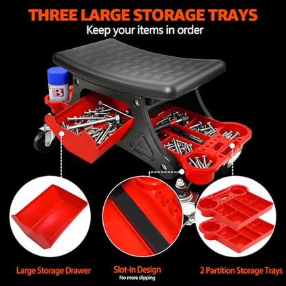 264 LBS Mechanic Stool, Garage Mechanics Seat with Swivel Wheels | Heavy Duty Rolling Mechanics Seat w Three Slide Out Tool Trays and Drawer, For Automotive Auto Repair, Garage Stool