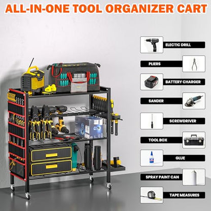 Ultrawall Power Tool Organizer Cart, 4-Tier Rolling Tool Storage Stand with Wheels, Garage Floor Tool Holder with Side Storage Pockets, Gift for Men