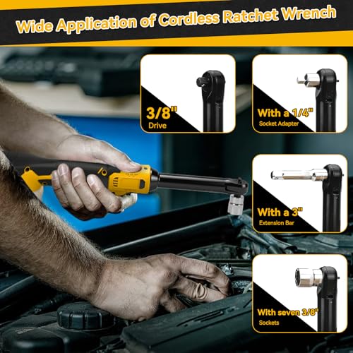 3/8" Cordless Ratchet Wrench for Dewalt 20V Battery, 60 Ft-lbs(81 N.m) Electric Ratchet Set with Extended Head, Variable Speed, 3/8" to 1/4" Adapter, LED Light, 8 Socket Set (No Battery)