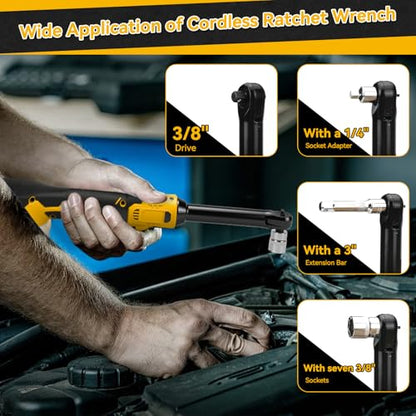 3/8" Cordless Ratchet Wrench for Dewalt 20V Battery, 60 Ft-lbs(81 N.m) Electric Ratchet Set with Extended Head, Variable Speed, 3/8" to 1/4" Adapter, LED Light, 8 Socket Set (No Battery)