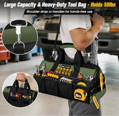 18-Inch Heavy Duty Tool Bag, 19-Pockets Tool Box Organizer, Portable Toolbag W/Soft Handle for Organized Storage, Mechanic Gifts for Men Dad Husband Fathers Day, Wide Mouth Electrician Toolbox, Green - style: 18Inch Handle-Green