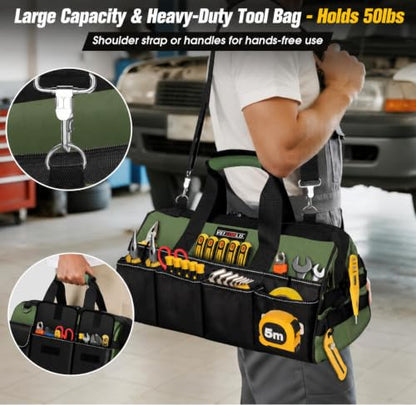 18-Inch Heavy Duty Tool Bag, 19-Pockets Tool Box Organizer, Portable Toolbag W/Soft Handle for Organized Storage, Mechanic Gifts for Men Dad Husband Fathers Day, Wide Mouth Electrician Toolbox, Green - style: 18Inch Handle-Green