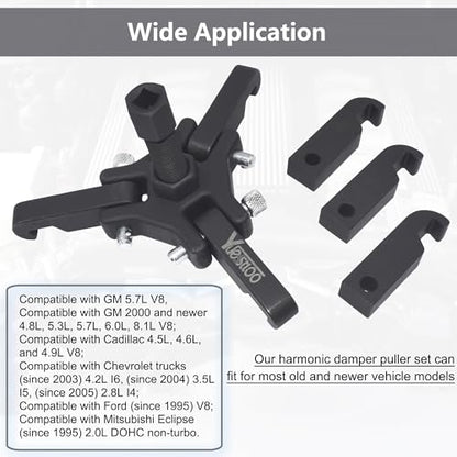 Harmonic Balancer Damper Pulley Puller Kit | Compatible with Ford GM Chrysler Cadillac Chevy, Adjustable Upgraded 3-Jaw Puller for Harmonic Damper & Balancer Removal - color: Black Case