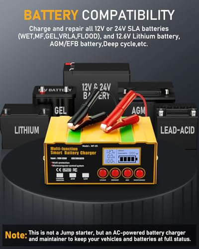 12-Amp Smart Battery Charger,Lithium,Lead-Acid(AGM/Gel/SLA) Pulse Repair Car Battery Charger,Trickle Charger,Maintainer/Deep Cycle Charger,12V/10A | 24V/7.5A for Automotive,Boat,Motorcycle,Lawn Mower