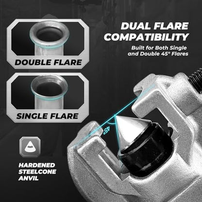 Flexzion 45° Eccentric Copper Pipe Flaring Tool Kit for HVAC Mini Splits | Tube flaring tool covers 7 OD sizes, 3/16 to 3/4 in, for copper, brass, aluminum, mild steel, and single-flare brake lines