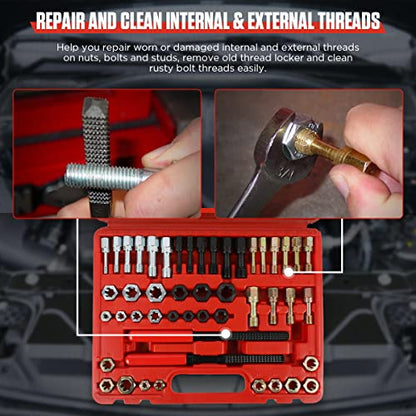 Thread Chaser Set 48PCS Thread Repair Tool Kit UNC/UNF/Metric Thread Chaser Rethreading Kit Anti-rust Thread Restorer Kit with 24 Dies, 22 Taps and 2 Thread Files with Detachable Cap, Tap And Die Set