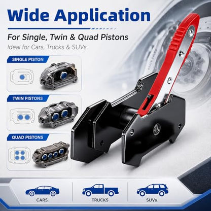 Brake Caliper Compression Tool, 360° Adjustable Ratcheting Brake Pad Spreader for Single Twin Quad Piston Calipers, Extra Include 2 Hooks & 2 Magnetic Steel Plates, Cars Disc Brake Repair Tool