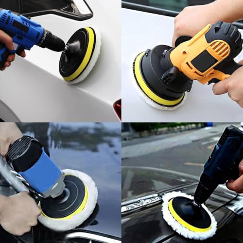 6Pcs 3" Wool Polishing Pad Kit with M10 Drill Adapter, Drill Buffer Attachment for Car Polishing Waxing, Foam Buffing Pads Set for Auto Detailing, Headlight Restoration, Metal Wood Resin Glass Surface
