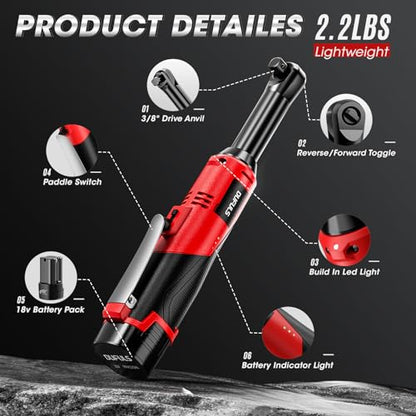 3/8" 18V Extended Cordless Ratchet Wrench, 550RPM 40 Ft-Lbs 4 Inch Electric Ratchet Driver with 2Pcs 2000 mAh Batteries & Charger, Battery Powered Ratchet Wrenches with 8 Sockets