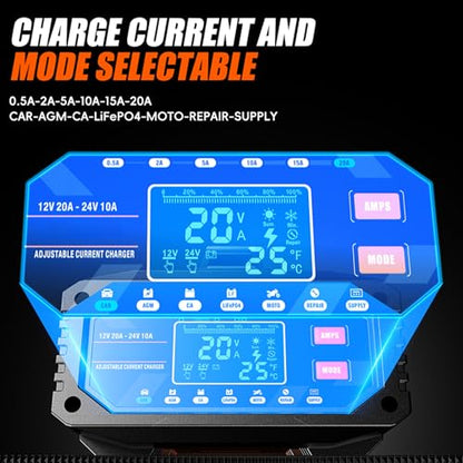 Car Battery Charger 20A 12V/24V Adjustable Current 0.5A-20A LiFePO4 Lead Acid Fully Automatic Battery Maintainer, Smart Trickle Charger with Pulse Repair, Winter Mode, for AGM Gel Deep Cycle Batteries