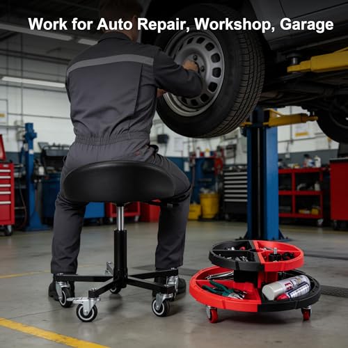 Frassie Rolling Mechanic Garage Seat Stool with Modular Removable Tool Tray, Pneumatic Height Adjustable Rolling Shop Chair for Auto Repair 300 LBS Capacity