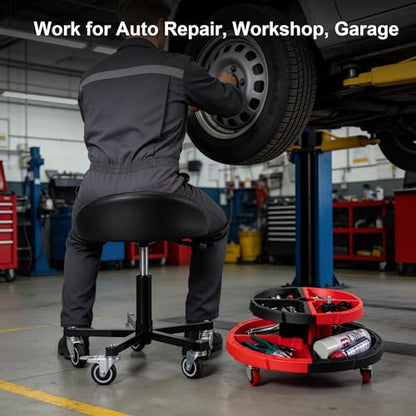 Frassie Rolling Mechanic Garage Seat Stool with Modular Removable Tool Tray, Pneumatic Height Adjustable Rolling Shop Chair for Auto Repair 300 LBS Capacity
