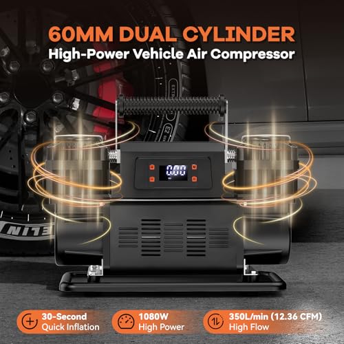 Dual Cylinder 12V Air Compressor 150 PSI 300 LPM – LCD Digital Display with Preset Pressure Heavy Duty Portable Tire Inflator for Truck SUV Off Road Jeep 1200W Fast Inflation No Overheating