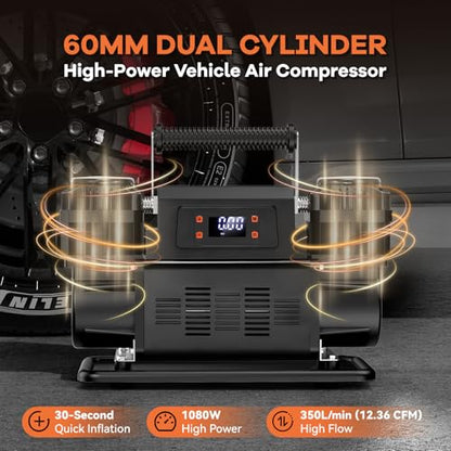 Dual Cylinder 12V Air Compressor 150 PSI 300 LPM – LCD Digital Display with Preset Pressure Heavy Duty Portable Tire Inflator for Truck SUV Off Road Jeep 1200W Fast Inflation No Overheating