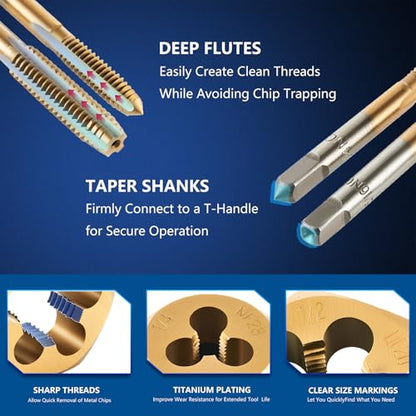86-Piece Titanium-Coated Tap and Die Set – Professional Threading Tool Kit in SAE & Metric Sizes, HSS Thread Cutting & Rethreading Set for Automotive, Metalwork, Machinery, Plumbing & Repair Projects - size: 86 Pcs Professional Metric&SAE