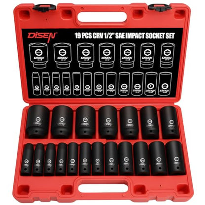 DISEN 19 Pcs 1/2" SAE Impact Socket Set, Deep Sockets 3/8"- 1-1/2", 6-Point Cr-V & Alloy Steel, 1/2 Inches Drive Impact Socket Set,Rugged Construction, Enhanced Storage Case - style: 1/2" SAE Impact Socket Set