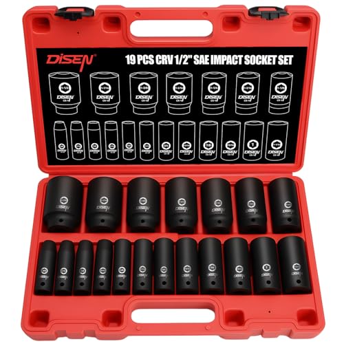 DISEN 19 Pcs 1/2" SAE Impact Socket Set | Deep Sockets 3/8"- 1-1/2", 6-Point Cr-V & Alloy Steel, 1/2 Inches Drive, Rugged Construction, Enhanced Storage Case - style: 1/2" SAE Impact Socket Set