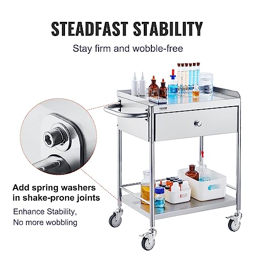 VEVOR Medical Cart, 2-Layer Stainless Steel Cart 220 lbs Weight Capacity, Lab Utility Cart with 360° Silent Wheels and a Drawer for Lab, Clinic, Kitchen, Salon - size: 2-tier with 1 drawer