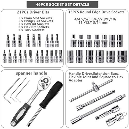 46PCS 1/4 inch Drive Socket Set,Metric Ratchet Wrench Set with 4-14mm CR-V Sockets,S2 Bits,Extension Bars,Mechanic Tool Kits for Household Auto Repair
