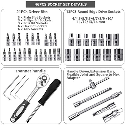 46PCS 1/4 inch Drive Socket Set,Metric Ratchet Wrench Set with 4-14mm CR-V Sockets,S2 Bits,Extension Bars,Mechanic Tool Kits for Household Auto Repair