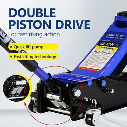 4T Low Profile Steel Floor Jack, 8000 lb, Dual Pump, 4"-21" Lift | Heavy-duty steel, dual-piston quick lift, low profile, 4"-21" range, overload safety protection. - size: 4T Dual Pump 4"-21"