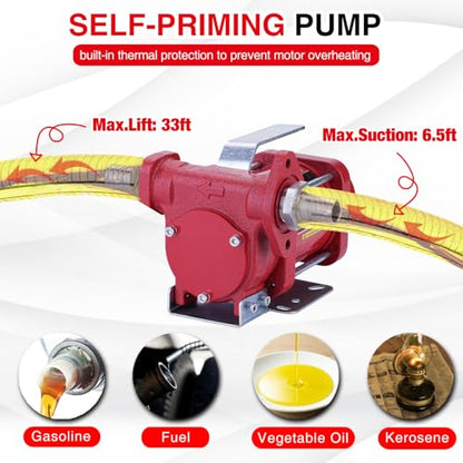 TOPWAY 12V DC Gasoline Fuel Pump 10GPM Self-priming Oil Transfer Pump With Handle, Overheat Protection, Explosion-Proof, Built-in Bypass, for Gasoline Fuel Diesel Kerosene Removal,Red - style: 12V 10GPM