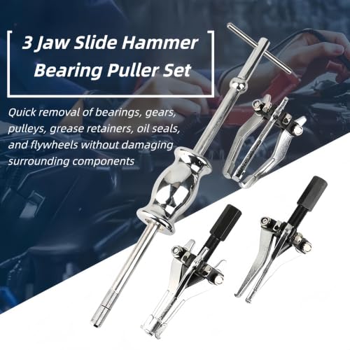 RQG 3 Jaw Slide Hammer Bearing Puller Set, External Internal Bearing Puller | 40CR Steel Pulley Wheel Bearing Removal Tool Gear Puller with Storage Case for Gears Pulleys, 3LB Weight