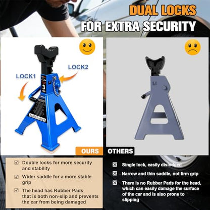 3 Ton Jack Stands Heavy Duty 6,600 LBs, Car Jack Stand for Trucks with Double Pin Locking & Extra Rubber Pads, 11.3"-16.5" Adjustable for Garage, Home,DIY Vehicle Lifting, 1 Pair Blue - size: 3 Ton