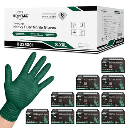 TitanFlex Heavy Duty Industrial Nitrile Gloves with Raised Diamond Texture, 6-mil, Latex Free (Dark Green/Yellow) - color: 03 Dark Green (1000ct), size: Medium