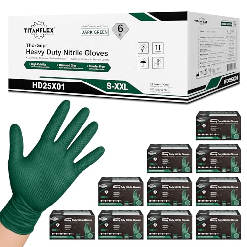 TitanFlex Heavy Duty Industrial Nitrile Gloves with Raised Diamond Texture, 6-mil, Latex Free (Dark Green/Yellow) - color: 03 Dark Green (1000ct), size: XX-Large