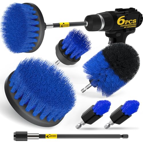 Holikme 6Pc Drill Brush Set - Scrub Brushes with Extension for Home Clean | 5 Head Sizes, Blue Nylon Fibers, Power Scrubber Attachments for Tile, Tub, Shower, Floors, Kitchen and Auto Interior Care - color: Blue