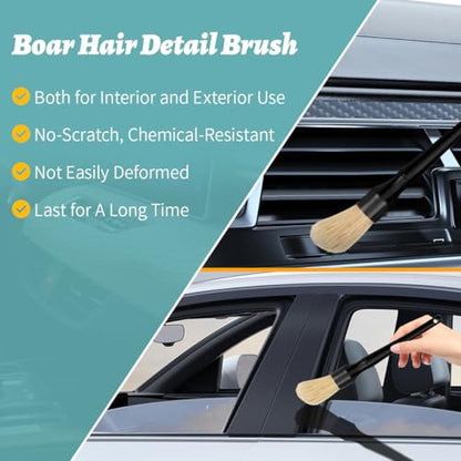 7PCS Car Detailing Brush Set, Ultra Soft Boars Hair Car Interior Detailing Brushes, Car Interior Detailing Kit for Cleaning Interior or Exterior, Car Accessories Interior Tools