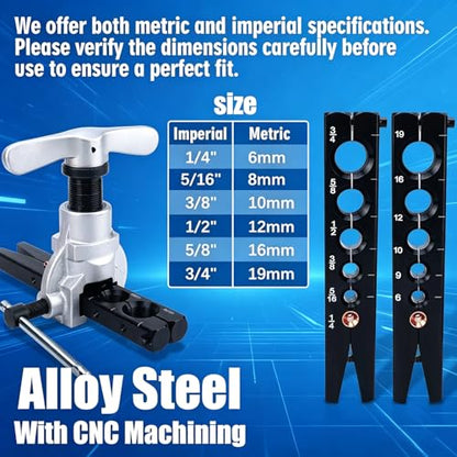 Eccentric Flaring Tool Kit, 45° Copper Flaring Tool for HVAC Mini Split & Auto Brake Line, SAE 1/4"-3/4" & Metric 6-19mm Tubing Flaring Kit with Tube Cutter, Deburrer and Hard Storage Case