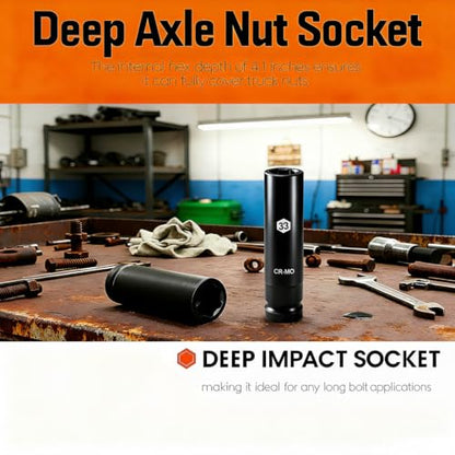 1 Inch Driver 33mm Extra Deep Impact Socket, 7.9 inch Length Deep Axle Nut Socket,6 Point Cr-Mo Deep Truck Wheel Nut Socket,Radius Corner Design, Chamfered Opening - size: 33