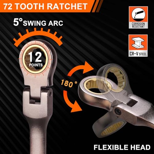 Qnkaa Qnkaa12pcs Flexible Ratchet Wrenches Set SAE 1/4” to 7/8“ | Standard Spanners Gear Ring Ratcheting Combination Flex-Head Wrenches Kit with Portable Organizer Rack - style: SAE 12pcs