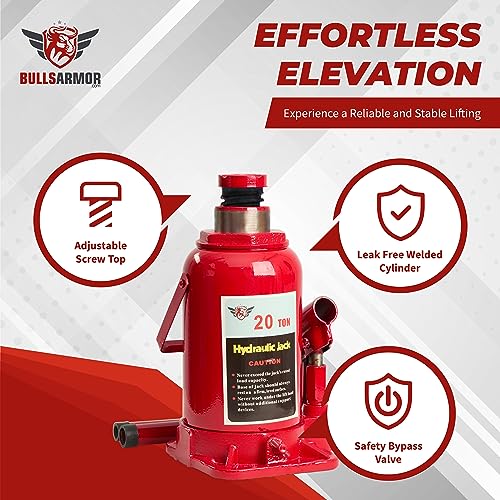 BullsArmor Hydraulic Bottle Jack - 20 Ton (40,000 lb) Capacity - Welded Heavy-Duty Design with Extended Pump Handle - Ideal for Cars, Trucks, RVs, and Industrial Use - Red - size: 20 Ton
