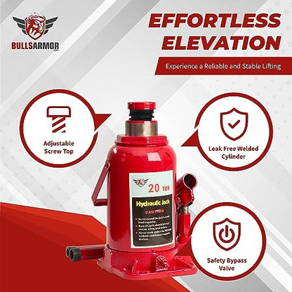 BullsArmor Hydraulic Bottle Jack - 20 Ton (40,000 lb) Capacity - Welded Heavy-Duty Design with Extended Pump Handle - Ideal for Cars, Trucks, RVs, and Industrial Use - Red - size: 20 Ton