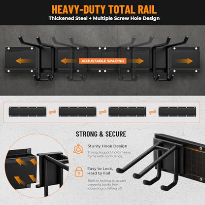 66" Heavy Duty Garage Tool Organizer Wall Mount, Steel Garage Storage Rack Holds up to 900 lbs with Adjustable Hooks, Wall Mounted Tool Organizer for Garage, Shed & Yard, 4 Panels, 10 Hooks & 2 Straps - size: 66"|4 Panels+10 Hooks+2 Straps