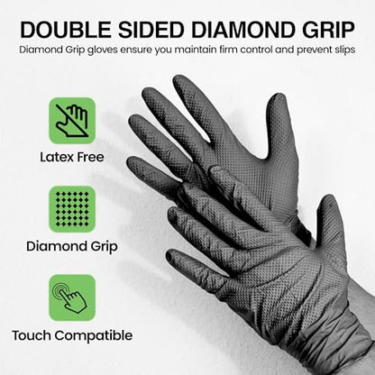 10 Mil Heavy Duty Nitrile Gloves, Diamond Grip, Latex-Free, Chemical Resistant for Mechanics & Auto Repair - size: Large