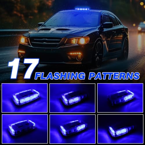 Rechargeable Blue Emergency Roof Top Strobe Light Wireless Battery, 48LED 17 Flashing Modes,High Low Brightness,Hazard Traffic Lights w/Magnetic Base, Remote Control for Construction Vehicles - color: Blue