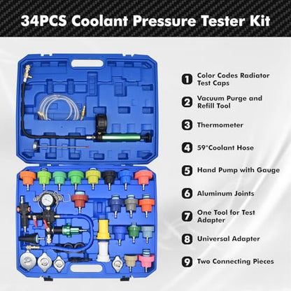 Universal Radiator Pressure Tester Kit Coolant Vacuum Refill Kit System 34pcs