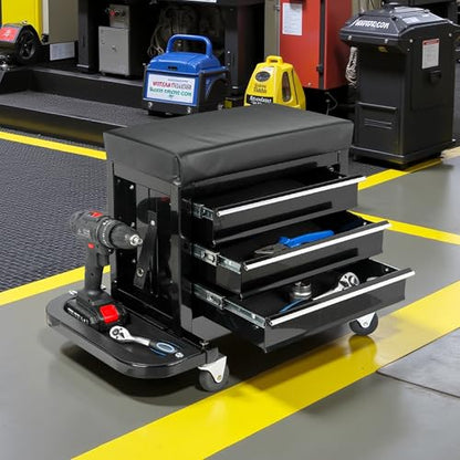 Rolling Stool Mechanic Creeper Shop Stools with Wheels Rolling Tool Chest with 3 Drawers and 2 Fold-Down Side Trays, Universal Wheels and Seat Cushion for Garage, Black