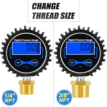MEANLIN MEASURE 0-300PSI Digital Pressure Gauge with Rubber Cover, Lower Mount, Accuracy 1%, Resolution 0.1psi, with 1/8" x 1/4" and 1/8" x 3/8" NPT Hex Bushing - size: 0 - 300 PSI, style: Lower Mount (1/8 NPT)