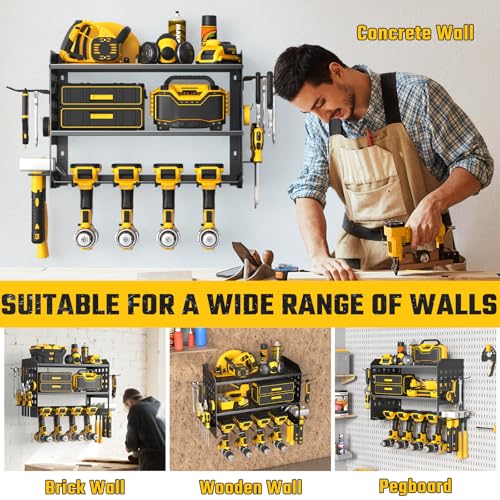 SUNALLY Power Tool Organizer, Heavy Duty Wall Mount Tool Organizer 3 Layers with 4 Drill Holders, Garage Tools Storage Rack with 2 Side Pegboards and Hooks for Workshop, Shed, Black - style: 4 Drill Holders C
