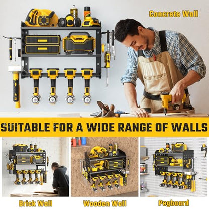 SUNALLY Power Tool Organizer, Heavy Duty Wall Mount Tool Organizer 3 Layers with 4 Drill Holders, Garage Tools Storage Rack with 2 Side Pegboards and Hooks for Workshop, Shed, Black - style: 4 Drill Holders C