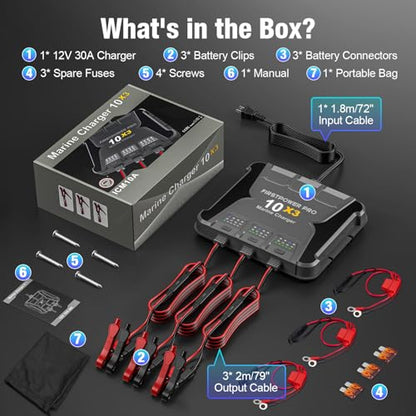 Upgraded 3 Bank Marine Battery Charger 10X3, 30A (10A/Bank) - 12V Waterproof Onboard Battery Charger, Battery Maintainer & Desulfator for SLA/AGM, Lithium (LiFePO4), Calcium & Deep-Cycle Battery - size: 3 Bank(30A)