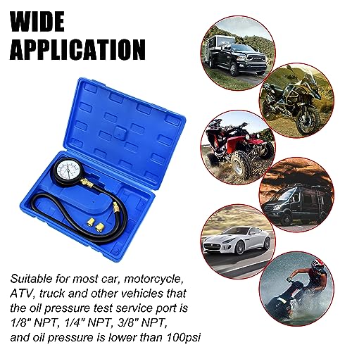 JIFETOR Oil Pressure Tester Kit, Professional Engine Diagnostic Test, 100PSI Pressure Gauge Tool with Hose Adapter for Truck Car ATV - color: Blue Case